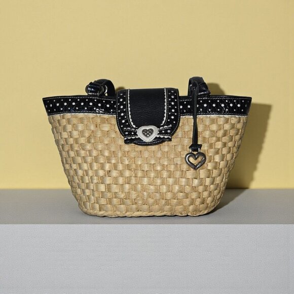 Brighton Straw & Black Leather Woven Tote Bag Heart Charm Polka Dot Trim Purse - Picture 1 of 16
